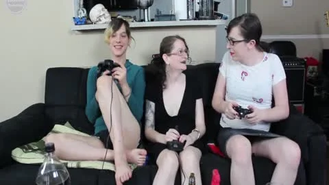 two attractive sheladys Team Up On enormous Titty MILF After she Loses A video Game bet