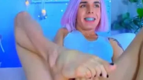 Self Footjob Purple Hair cutie