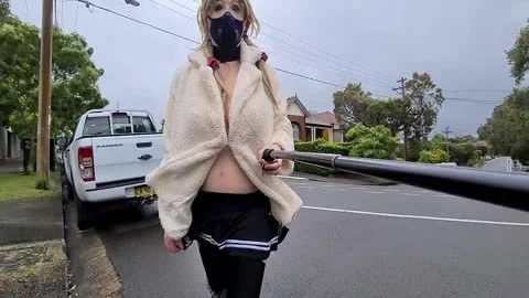 Pigtailed amateur wearing mask flashing in public