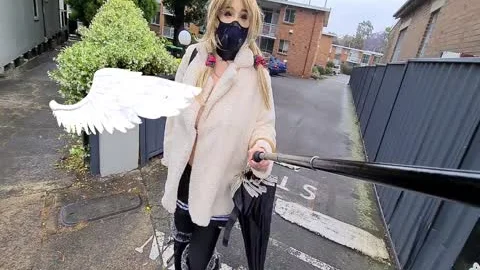 Pigtailed amateur wearing mask flashing in public